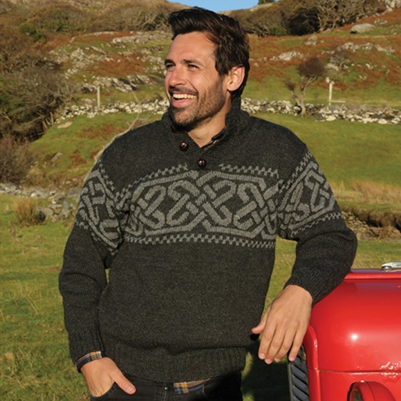 The Shepherd's Knot Other - New Tags Aran Wool Button Neck Celtic Knot Sweater Gray Made in Ireland